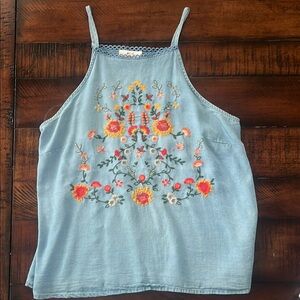 Embroidered Floral Denim Tank Top